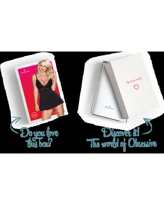 Сатиновий пеньюар із мереживом Obsessive 810-BAB-1 babydoll & thong S/M, чорний, пеньюар, танга Сатиновий пеньюар із мереживом Obsessive 810-BAB-1 babydoll & thong S/M, чорний, пеньюар, танга