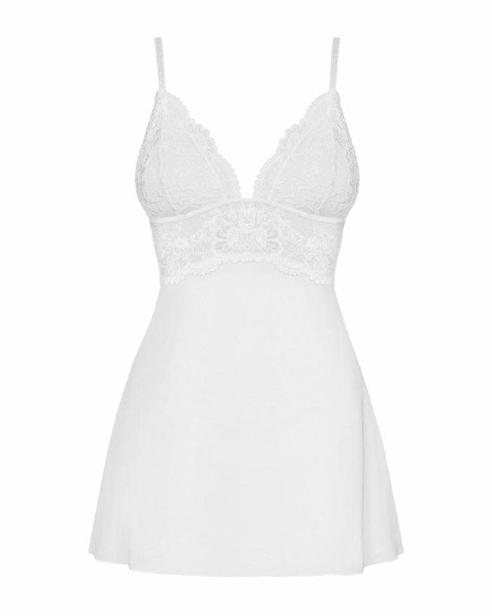 Сатиновий пеньюар з мереживом Obsessive 810-BAB-2 babydoll & thong L/XL, білий, пеньюар, танга Сатиновий пеньюар з мереживом Obsessive 810-BAB-2 babydoll & thong L/XL, білий, пеньюар, танга