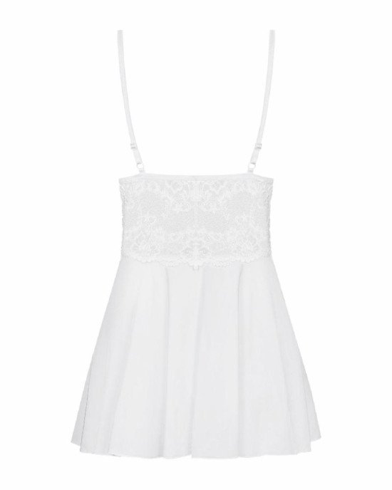Сатиновий пеньюар з мереживом Obsessive 810-BAB-2 babydoll & thong L/XL, білий, пеньюар, танга Сатиновий пеньюар з мереживом Obsessive 810-BAB-2 babydoll & thong L/XL, білий, пеньюар, танга