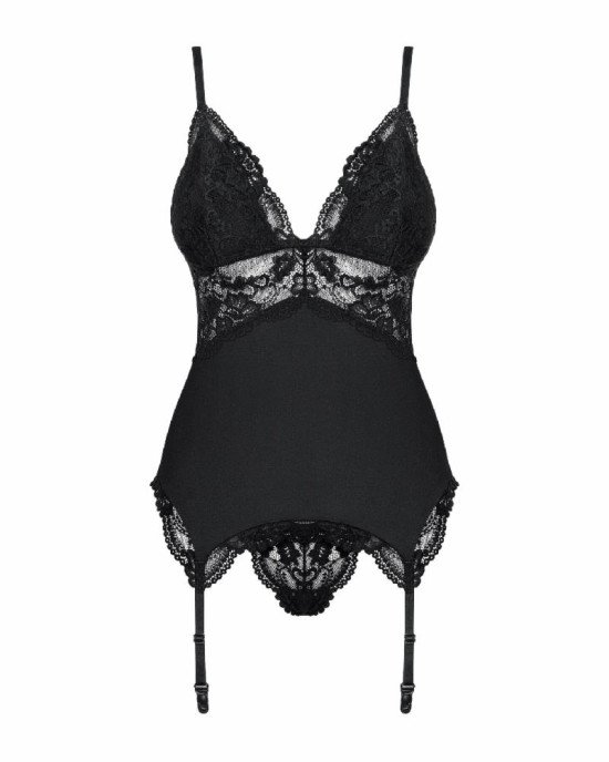 Сатиновий мереживний корсет Obsessive 810-COR-1 babydoll & thong L/XL, чорний, корсет, танга