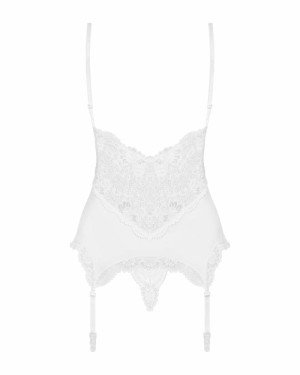 Сатиновий мереживний корсет Obsessive 810-COR-2 babydoll & thong S/M, білий, корсет, танга