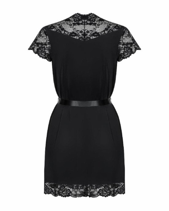 Сатиновий відкритий пеньюар на поясі Obsessive 810-PEI–1 peignoir black L/XL, чорний Сатиновий відкритий пеньюар на поясі Obsessive 810-PEI–1 peignoir black L/XL, чорний