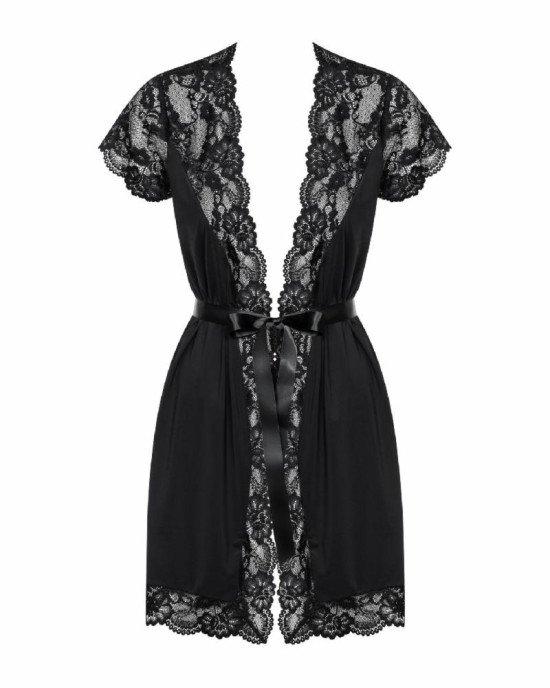 Сатиновий відкритий пеньюар на поясі Obsessive 810-PEI–1 peignoir black 2XL/3XL, чорний Сатиновий відкритий пеньюар на поясі Obsessive 810-PEI–1 peignoir black 2XL/3XL, чорний