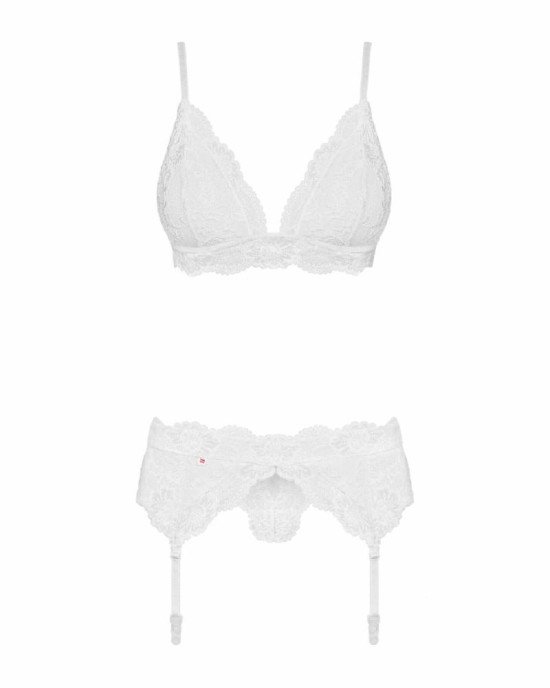 Мереживний комплект білизни Obsessive 810-SEG-1 L/XL White, бюстгальтер, стрінги, пояс для панчіх