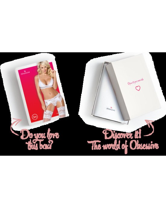 Мереживний комплект білизни Obsessive 810-SEG-1 L/XL White, бюстгальтер, стрінги, пояс для панчіх