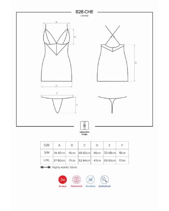 Сатиновий комплект для сну з мереживом Obsessive 828-CHE-1 chemise & thong S/M, чорний, сорочка, стр