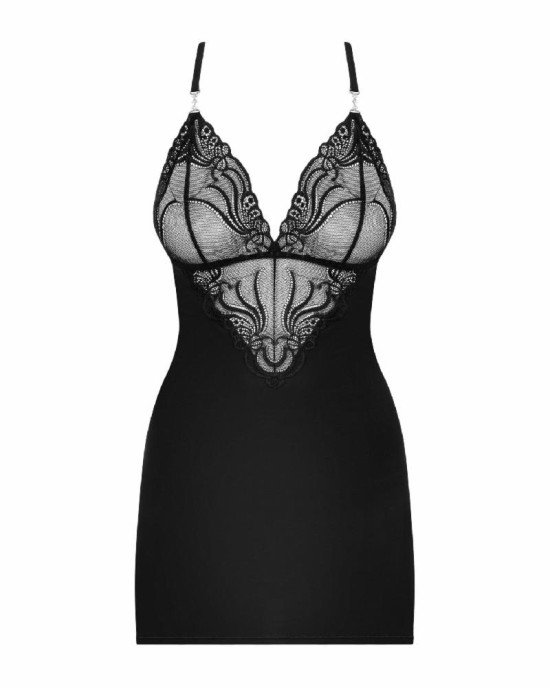 Сатиновий комплект для сну з мереживом Obsessive 828-CHE-1 chemise & thong S/M, чорний, сорочка, стр