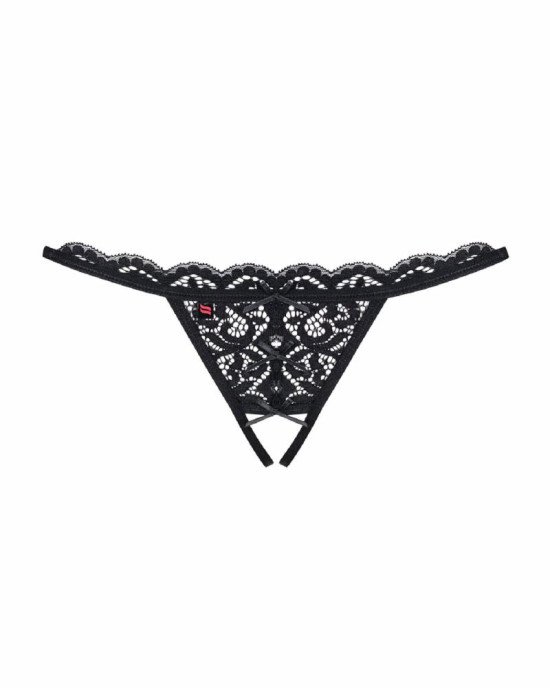 Мереживні танги з двома отворами Obsessive 831-THC-1 crotchless thong S/M, чорні, бантики