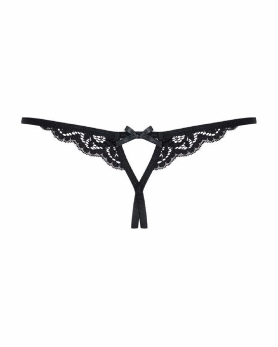 Мереживні танги з двома отворами Obsessive 831-THC-1 crotchless thongL/XL, чорні, бантики