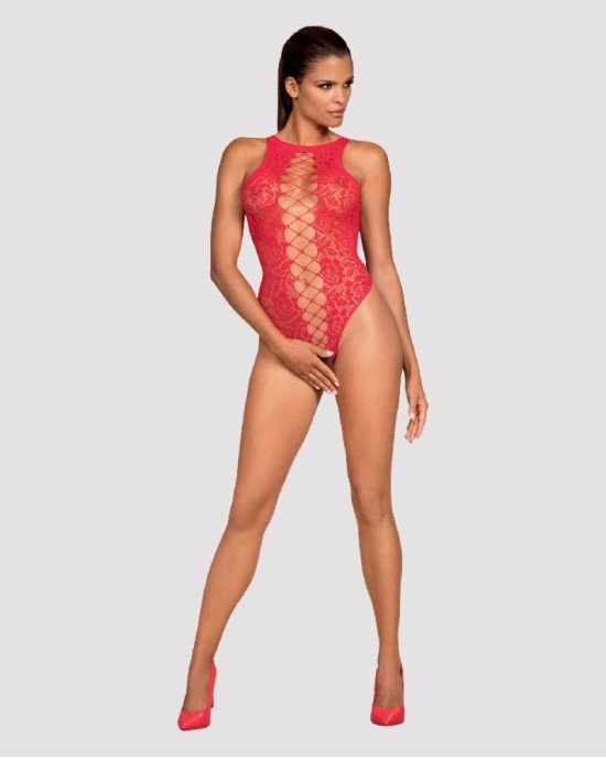 Ажурний бодістокінг із ефектом шнурівки Obsessive B120 teddy red S/M/L, червоний Ажурний бодістокінг із ефектом шнурівки Obsessive B120 teddy red S/M/L, червоний