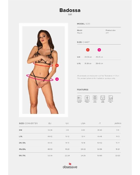 Еротичний комплект зі стреп Obsessive Badossa 2-pcs set L/XL, чорний, з доступом, бюстгальтер, стрін Еротичний комплект зі стреп Obsessive Badossa 2-pcs set L/XL, чорний, з доступом, бюстгальтер, стрін