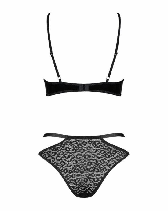 Еротичний комплект під латекс зі стрепами Obsessive Bagirela 2-pcs set L/XL, чорний, під леопард, бю