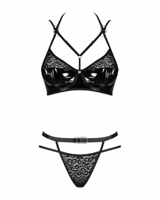 Еротичний комплект під латекс зі стрепами Obsessive Bagirela 2-pcs set L/XL, чорний, під леопард, бю