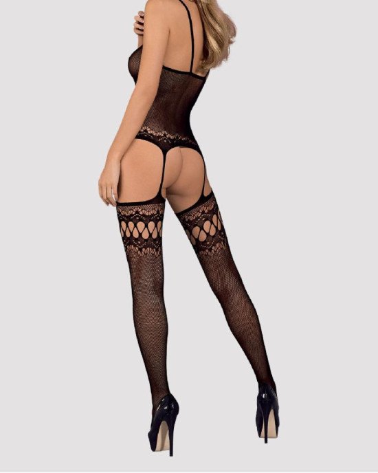 Бодістокінг Obsessive Bodystocking F214 black S/M/L, імітація корсета та панчіх на підв’язках