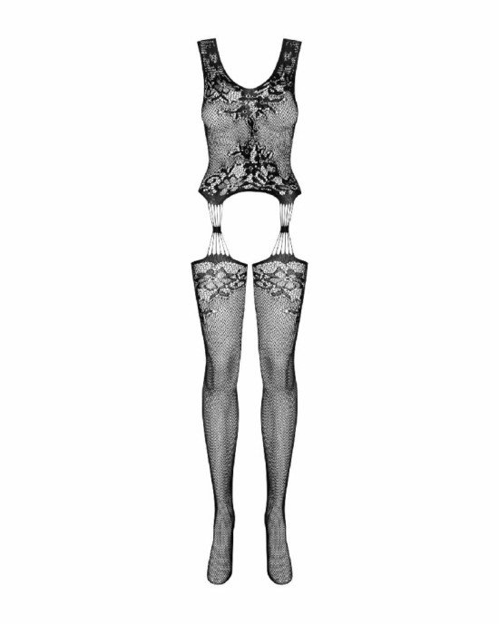Бодістокінг Obsessive Bodystocking F221 XL/XXL, силуетний квітковий малюнок, імітація панчіх Бодістокінг Obsessive Bodystocking F221 XL/XXL, силуетний квітковий малюнок, імітація панчіх