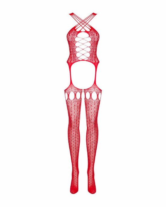 Бодістокінг Obsessive Bodystocking G313 S/M/L red, шнурівка, геометричний декор
