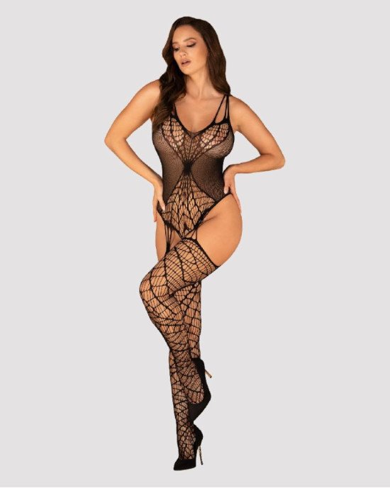 Ажурний бодістокінг під павутину Obsessive Bodystocking G325 black S/M/L, чорний, комбінезон, імітац