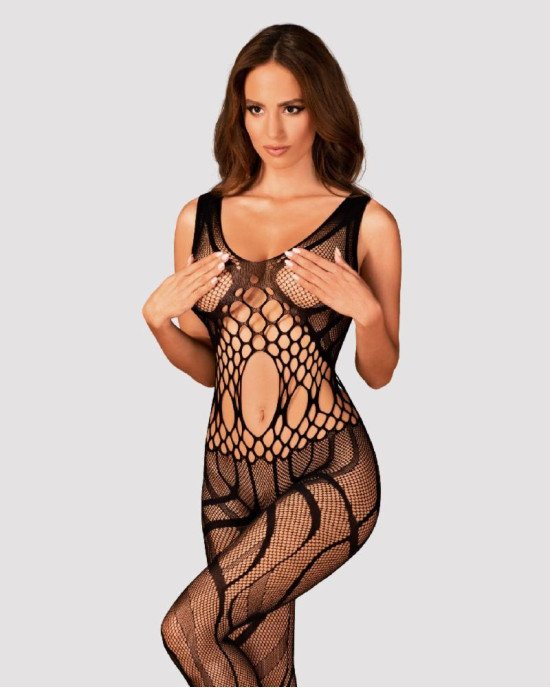 Сітчастий бодістокінг з вирізами та малюнком Obsessive Bodystocking G328 S/M/L, чорний, комбінезон Сітчастий бодістокінг з вирізами та малюнком Obsessive Bodystocking G328 S/M/L, чорний, комбінезон