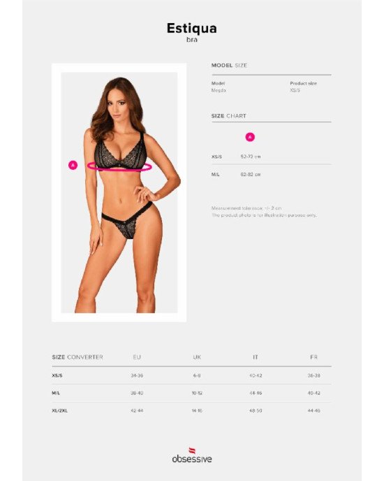 Мереживний бюстгальтер із трикутною чашкою Obsessive Estiqua bra XS/S, чорний, широкі лямки
