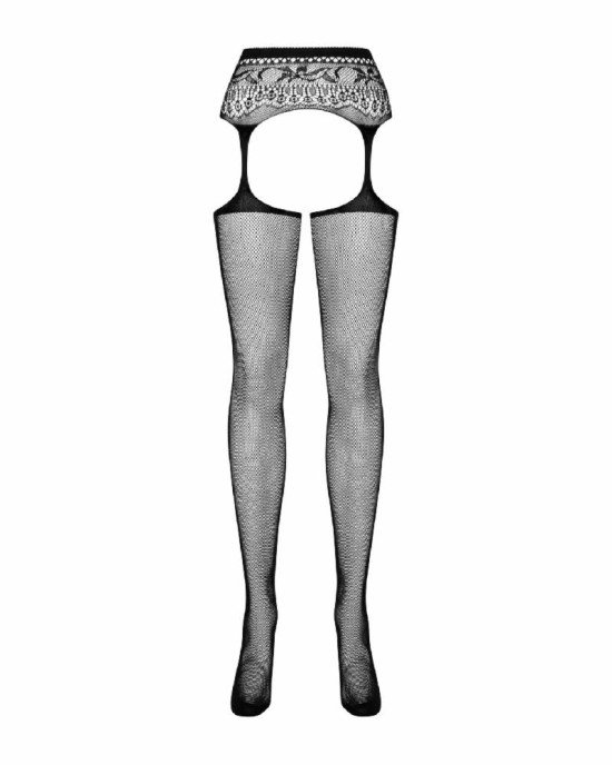 Сітчасті панчохи-стокінги з мереживним поясом Obsessive Garter stockings S307 XL/X, чорні, імітація