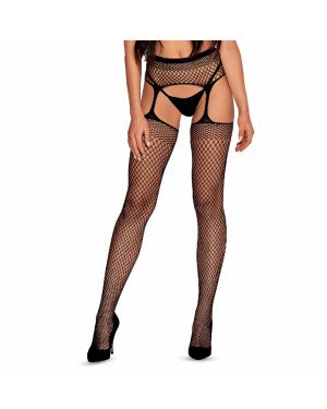 Панчохи-стокінги із сітки різного розміру Obsessive Garter stockingsS815S/M/L, чорні, імітація гарте