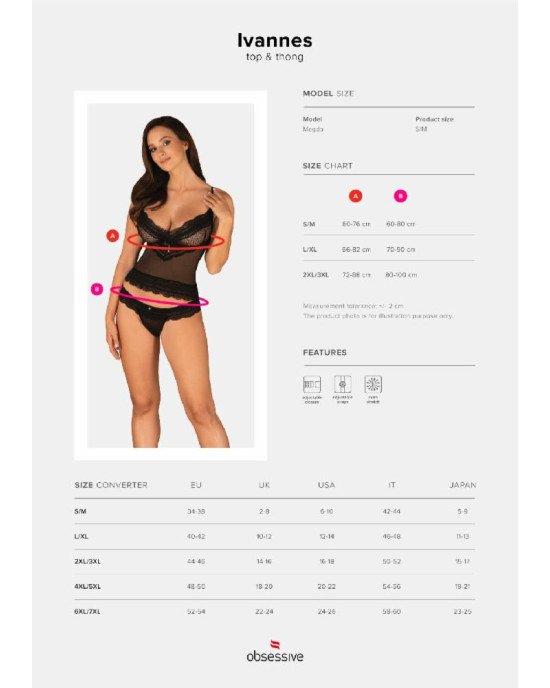Напівпрозорий набір з прикрасами Obsessive Ivannes top & thong L/XL, чорний, топ та танга