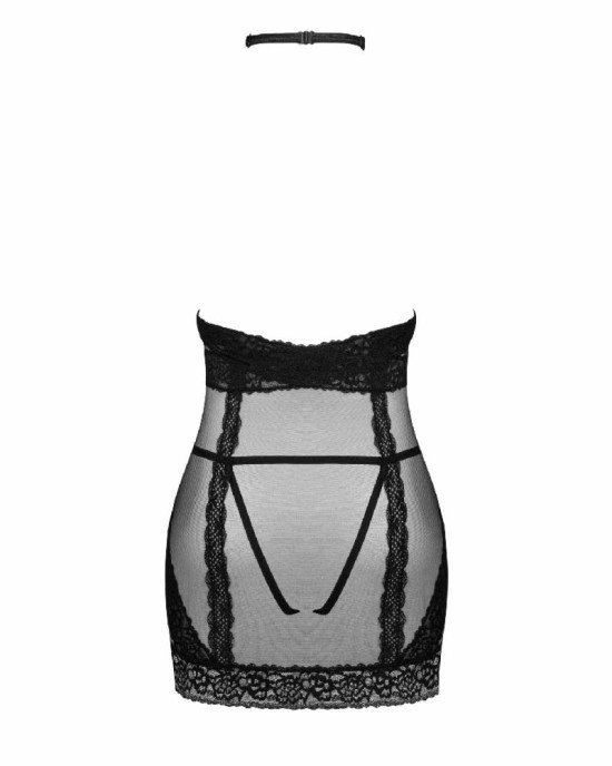 Напівпрозора сорочка з відкритими грудьми Obsessive Lacrisia chemise XS/S, чорна, з чокером Напівпрозора сорочка з відкритими грудьми Obsessive Lacrisia chemise XS/S, чорна, з чокером