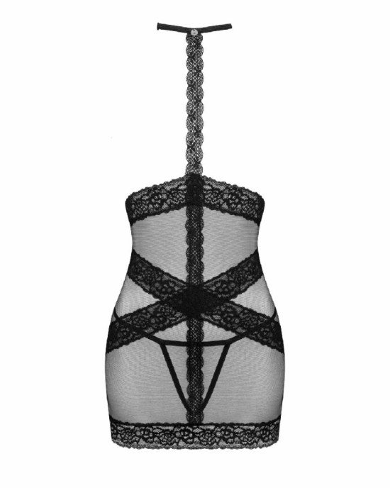 Напівпрозора сорочка з відкритими грудьми Obsessive Lacrisia chemise XS/S, чорна, з чокером Напівпрозора сорочка з відкритими грудьми Obsessive Lacrisia chemise XS/S, чорна, з чокером