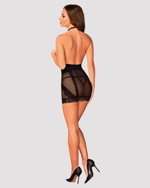Напівпрозора сорочка з відкритими грудьми Obsessive Lacrisia chemise M/L, чорна, з чокером