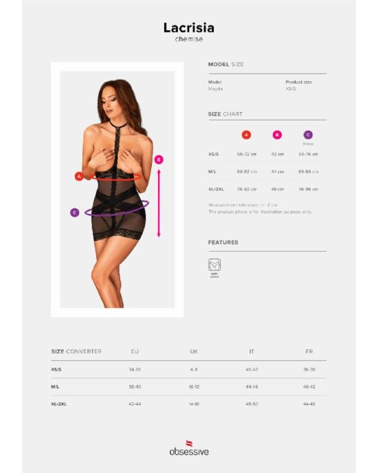 Напівпрозора сорочка з відкритими грудьми Obsessive Lacrisia chemise XL/2XL, чорна, з чокером