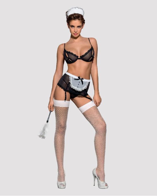 Еротичний костюм покоївки Obsessive Maidme set 5pcs S/M, бюстгальтер, пояс з фартухом, панчохи, стрі Еротичний костюм покоївки Obsessive Maidme set 5pcs S/M, бюстгальтер, пояс з фартухом, панчохи, стрі