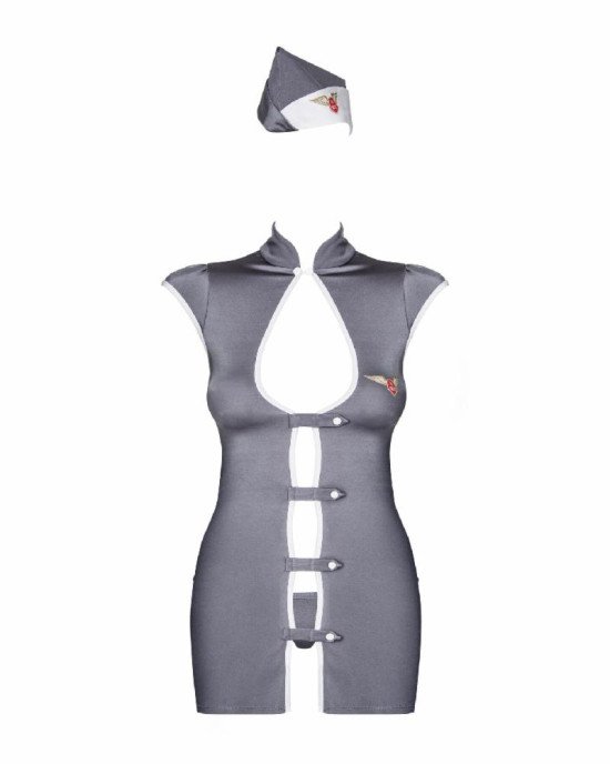 Еротичний костюм стюардеси Obsessive Stewardess 3 pcs costume grey L/XL, сірий, сукня, стрінги, піло Еротичний костюм стюардеси Obsessive Stewardess 3 pcs costume grey L/XL, сірий, сукня, стрінги, піло