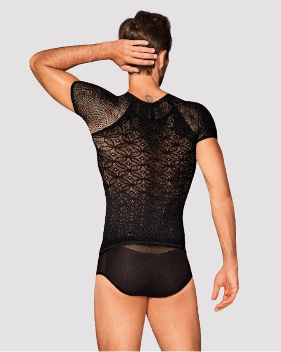 Чоловіча напівпрозора футболка з орнаментом Obsessive T102 T-shirt S/M/L, чорна Чоловіча напівпрозора футболка з орнаментом Obsessive T102 T-shirt S/M/L, чорна