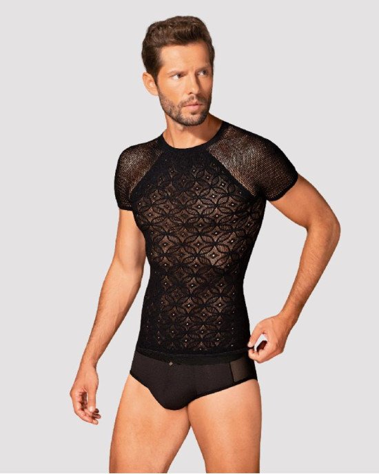 Чоловіча напівпрозора футболка з орнаментом Obsessive T102 T-shirt S/M/L, чорна Чоловіча напівпрозора футболка з орнаментом Obsessive T102 T-shirt S/M/L, чорна