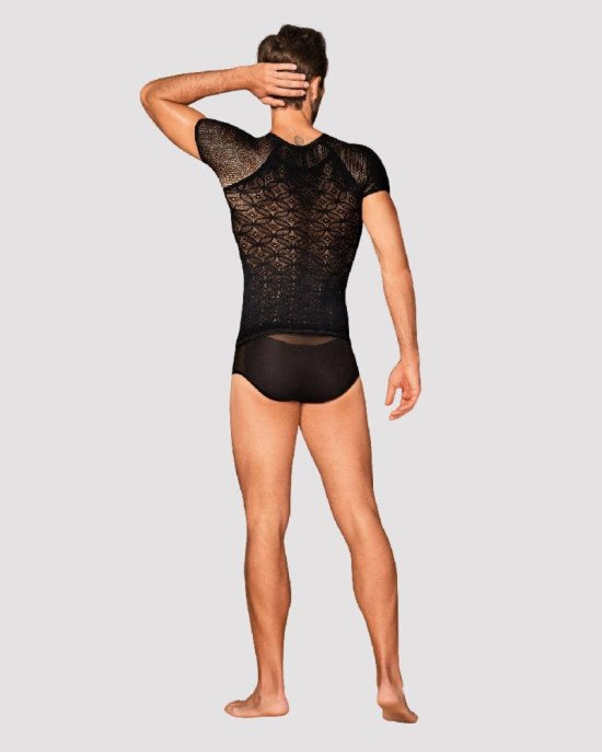Чоловіча напівпрозора футболка з орнаментом Obsessive T102 T-shirt S/M/L, чорна Чоловіча напівпрозора футболка з орнаментом Obsessive T102 T-shirt S/M/L, чорна