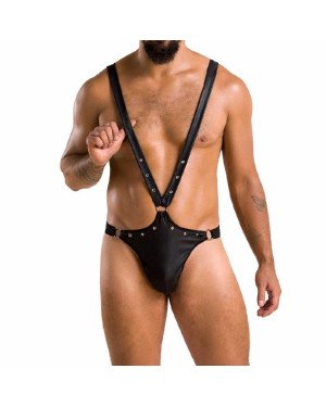 Чоловіче боді з люверсами Passion 028 HARRY S/M Black, екошкіра, на шлейках