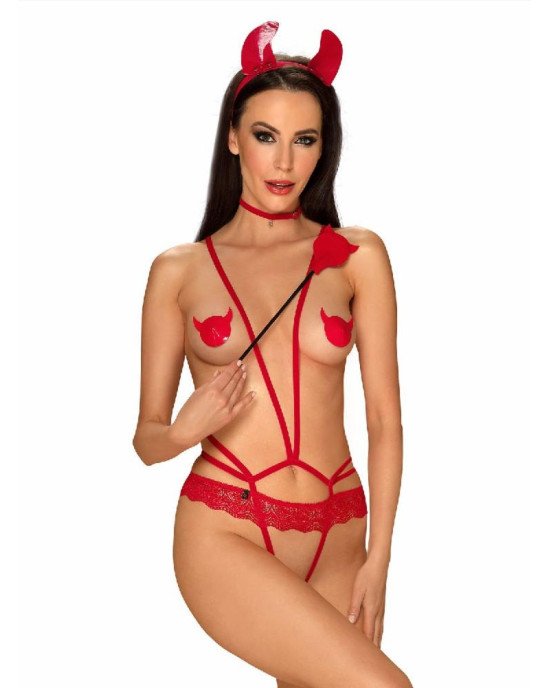 Еротичний костюм чортика зі стреп Obsessive Evilia teddy red S/M, боді, чокер, накладки на соски, обруч з ріжками Еротичний костюм чортика зі стреп Obsessive Evilia teddy red S/M, боді, чокер, накладки на соски, обруч з ріжками