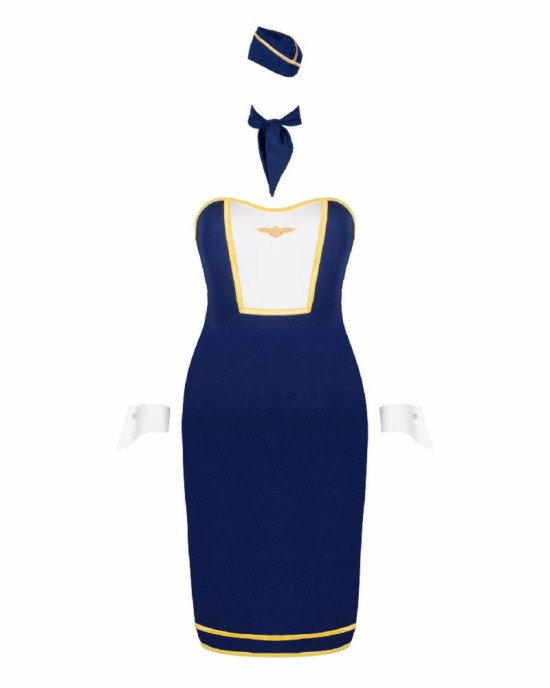 Еротичний костюм стюардеси Obsessive Stewardess uniform M/L, blue, сукня, пілотка, шарф, манжети Еротичний костюм стюардеси Obsessive Stewardess uniform M/L, blue, сукня, пілотка, шарф, манжети