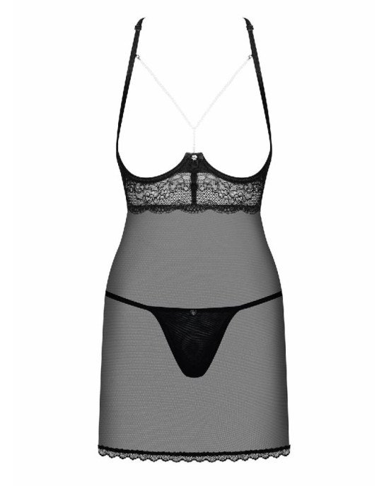 Прозора сорочка з відкритими грудьми Obsessive Pearlove chemise & thong black S/M, трусики Прозора сорочка з відкритими грудьми Obsessive Pearlove chemise & thong black S/M, трусики