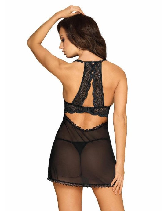 Прозора сорочка з відкритими грудьми Obsessive Pearlove chemise & thong black S/M, трусики Прозора сорочка з відкритими грудьми Obsessive Pearlove chemise & thong black S/M, трусики