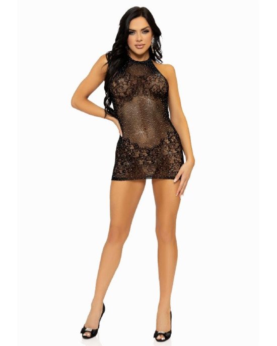Сукня-сітка зі стразами Leg Avenue Rhinestone halter mini dress Black, відкрита спина, one size Сукня-сітка зі стразами Leg Avenue Rhinestone halter mini dress Black, відкрита спина, one size