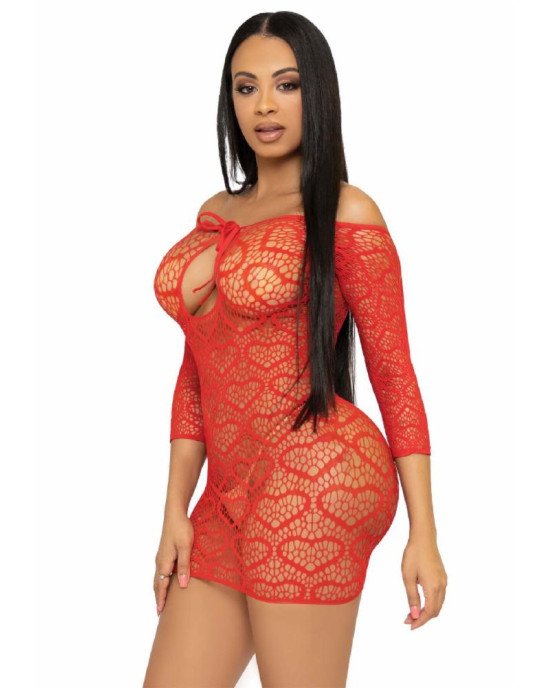 Сукня-сітка з сердечками Leg Avenue Heart net mini dress Red, зав’язки, відкриті плечі, one size Сукня-сітка з сердечками Leg Avenue Heart net mini dress Red, зав’язки, відкриті плечі, one size
