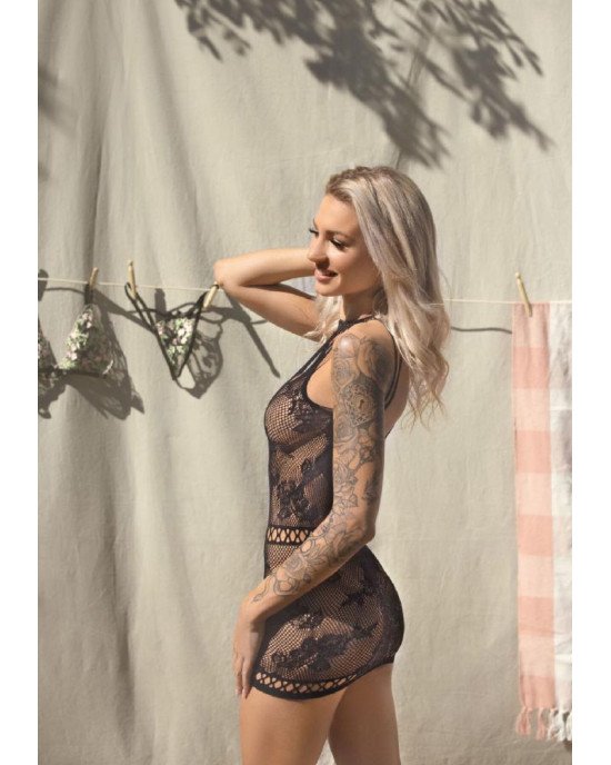 Ажурна сукня-сітка Leg Avenue Lace mini dress with cut-outs Black, one size Ажурна сукня-сітка Leg Avenue Lace mini dress with cut-outs Black, one size
