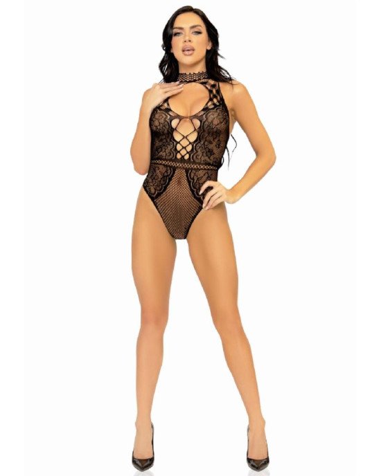 Leg Avenue Net and lace halter bodysuit OS Black