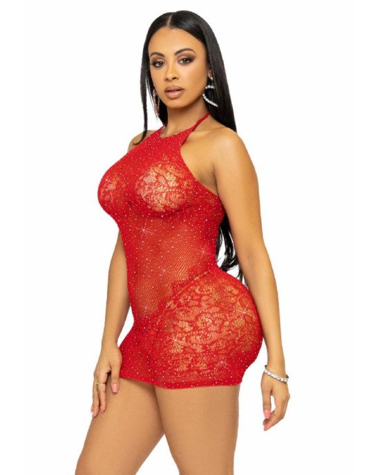 Сукня-сітка зі стразами Leg Avenue Rhinestone halter mini dress Red, відкрита спина, one size Сукня-сітка зі стразами Leg Avenue Rhinestone halter mini dress Red, відкрита спина, one size