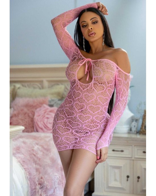 Сукня-сітка з сердечками Leg Avenue Heart net mini dress Pink, зав’язки, відкриті плечі, one size
