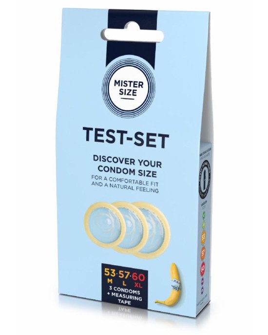 Набір презервативів Mister Size test-set 53–57–60, 3 розміри + лінійка, товщина 0,05 мм Набір презервативів Mister Size test-set 53–57–60, 3 розміри + лінійка, товщина 0,05 мм