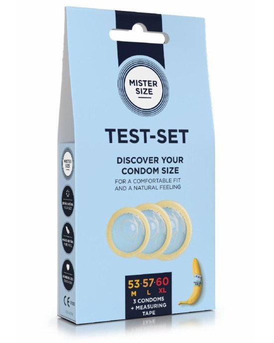 Набір презервативів Mister Size test-set 53–57–60, 3 розміри + лінійка, товщина 0,05 мм Набір презервативів Mister Size test-set 53–57–60, 3 розміри + лінійка, товщина 0,05 мм
