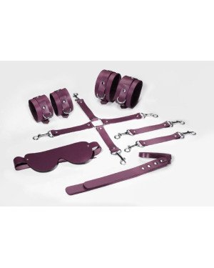Набір Feral Feelings BDSM Kit 5 Burgundy, наручники, поножі, конектор, маска, паддл