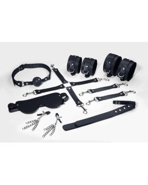 Набір Feral Feelings BDSM Kit 7 Black, наручники, поножі, конектор, маска, паддл, кляп, затискачі